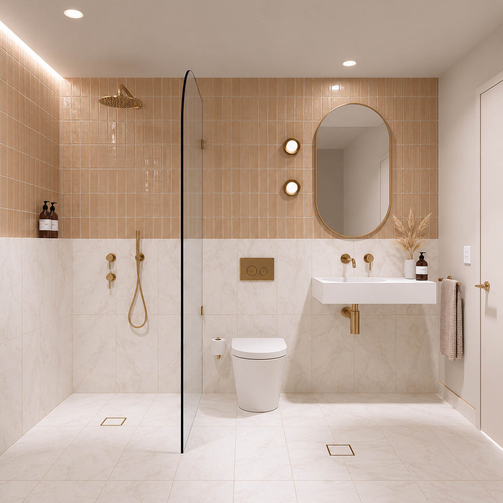 Peach and cream marble-look tiled bathroom with walk-in shower, white wall-hung basin, pill-shaped mirror and gold fittings