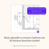 Shower wall elevation drawing with minimum dimensions for builders from the design pack