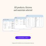 Product and finishes schedule listing tiles, tapware and lighting with supplier links