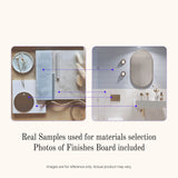 Real material samples board shown next to a bathroom render