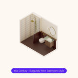 Axonometric cutaway of a burgundy bathroom layout with walk-in shower, vanity and toilet