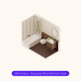 Axonometric cutaway of a burgundy bathroom layout with shower over bath, vanity and toilet