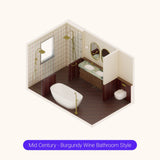 Axonometric cutaway of a large burgundy bathroom layout with double shower, freestanding bath and double vanity