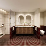 Large burgundy tiled bathroom with double timber vanity, two oval mirrors and walk-in shower