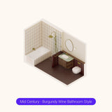 Axonometric cutaway of a long burgundy bathroom layout with bath, shower, vanity and toilet