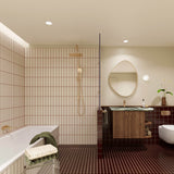 Long burgundy tiled bathroom with bath, walk-in shower and timber vanity with green stone benchtop