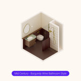 Axonometric cutaway of a square burgundy bathroom layout with shower, vanity and toilet
