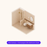 Axonometric cutaway of a bathroom layout with walk-in shower, vanity and toilet