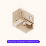 Axonometric cutaway of a bathroom layout with shower over bath, vanity and toilet