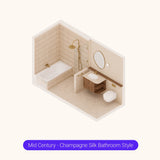 Axonometric cutaway of a long bathroom layout with bath, shower, vanity and toilet