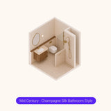 Axonometric cutaway of a square bathroom layout with shower, vanity and toilet