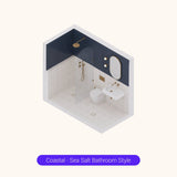 Axonometric cutaway of a navy and white bathroom layout with walk-in shower, basin and toilet