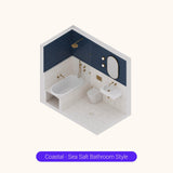 Axonometric cutaway of a navy and white bathroom layout with shower over bath, basin and toilet