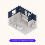 Axonometric cutaway of a large navy and white bathroom layout with double shower, freestanding bath and double basin