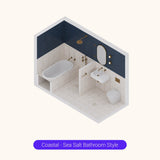 Axonometric cutaway of a long navy and white bathroom layout with bath, shower, basin and toilet