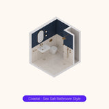 Axonometric cutaway of a square navy and white bathroom layout with shower, basin and toilet