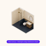 Axonometric cutaway of a navy bathroom layout with walk-in shower, vanity and toilet