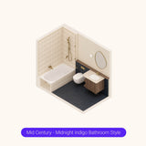 Axonometric cutaway of a navy bathroom layout with shower over bath, vanity and toilet