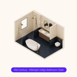Axonometric cutaway of a large navy bathroom layout with double shower, freestanding bath and double vanity