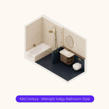 Axonometric cutaway of a long navy bathroom layout with bath, shower, vanity and toilet