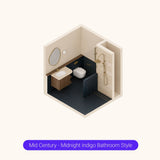 Axonometric cutaway of a square navy bathroom layout with shower, vanity and toilet