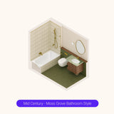 Axonometric cutaway of an olive green bathroom layout with shower over bath, vanity and toilet