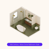 Axonometric cutaway of a large olive green bathroom layout with double shower, freestanding bath and double vanity