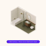 Axonometric cutaway of a long olive green bathroom layout with bath, shower, vanity and toilet