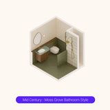 Axonometric cutaway of a square olive green bathroom layout with shower, vanity and toilet