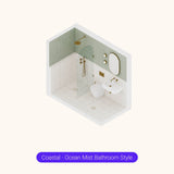 Axonometric cutaway of a sage green and white bathroom layout with walk-in shower, basin and toilet