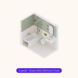 Axonometric cutaway of a sage green and white bathroom layout with shower over bath, basin and toilet