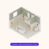 Axonometric cutaway of a large sage green and white bathroom layout with double shower, freestanding bath and double basin