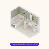 Axonometric cutaway of a long sage green and white bathroom layout with bath, shower, basin and toilet