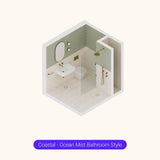 Axonometric cutaway of a square sage green and white bathroom layout with shower, basin and toilet