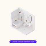 Axonometric cutaway of an all-white bathroom layout with shower over bath, basin and toilet