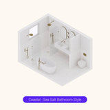 Axonometric cutaway of a large all-white bathroom layout with double shower, freestanding bath and double basin