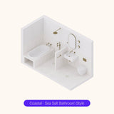 Axonometric cutaway of a long all-white bathroom layout with bath, shower, basin and toilet