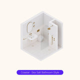 Axonometric cutaway of a square all-white bathroom layout with shower, basin and toilet
