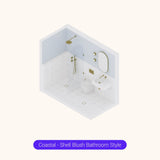 Axonometric cutaway of a light blue and white bathroom layout with walk-in shower, basin and toilet