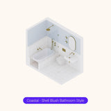 Axonometric cutaway of a light blue and white bathroom layout with shower over bath, basin and toilet