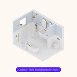 Axonometric cutaway of a large light blue and white bathroom layout with double shower, freestanding bath and double basin