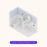 Axonometric cutaway of a long light blue and white bathroom layout with bath, shower, basin and toilet