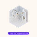 Axonometric cutaway of a square light blue and white bathroom layout with shower, basin and toilet