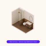 Axonometric cutaway of a terracotta bathroom layout with walk-in shower, vanity and toilet
