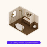 Axonometric cutaway of a large terracotta bathroom layout with double shower, freestanding bath and double vanity