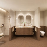 Large terracotta tiled bathroom with double timber vanity, two oval mirrors and walk-in shower