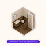 Axonometric cutaway of a square terracotta bathroom layout with shower, vanity and toilet