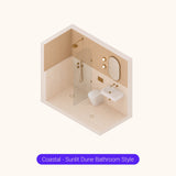 Axonometric cutaway of a peach and cream bathroom layout with walk-in shower, basin and toilet