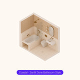 Axonometric cutaway of a peach and cream bathroom layout with shower over bath, basin and toilet