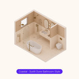 Axonometric cutaway of a large peach and cream bathroom layout with double shower, freestanding bath and double basin